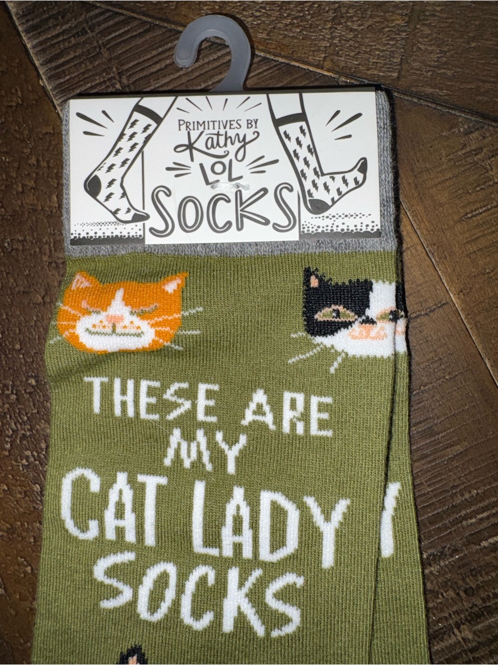 Primitives by Kathy Olive Green Cat Lady Socks with Multicolor Cat Faces NWT